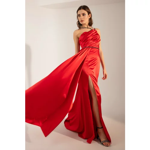 Lafaba Women's Red with Stones Straps and a Slit Long Satin Evening Dress.