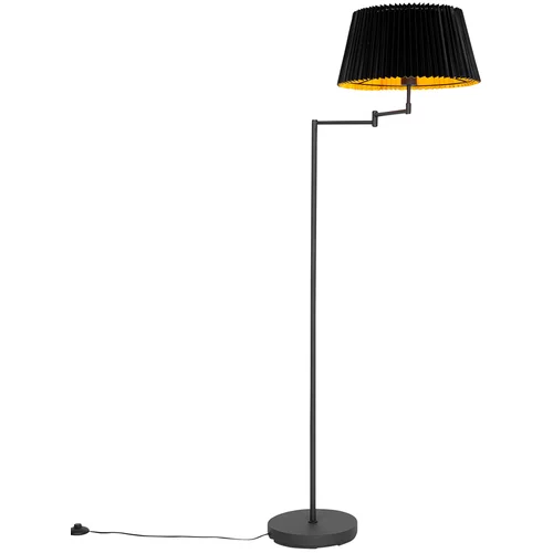 QAZQA Črna stoječa svetilka s črnim plisiranim senčnikom in nastavljivim krakom - Ladas Deluxe