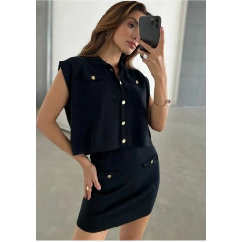 Laluvia Black Cream Polo Neck Pearl Buttoned Skirt Crop Bottom Top Set Slike