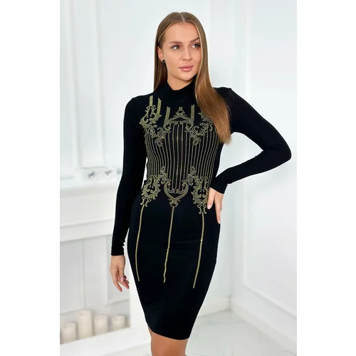 Kesi Knitted dress with a gold pattern of cubic zirconia in black color