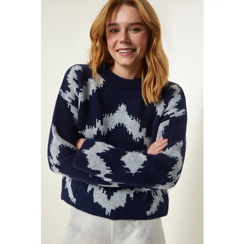  Women's Navy Blue Patterned Knitwear Sweater