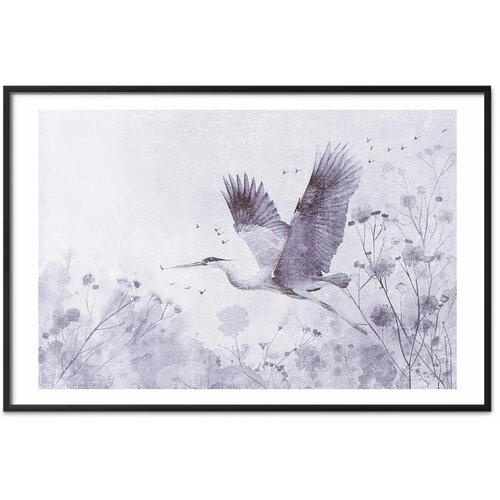  Plakat - Majestic Flight - crane in flight in a monochromatic cool color palette 60x40 Crni okvir s margom Slike