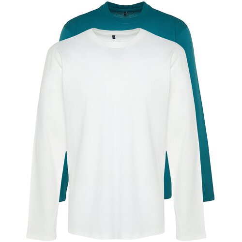 Trendyol Petrol-Ecru Men 2-Pack 100% Cotton Long Sleeved Regular/Regular Cut Basic T-Shirt. Slike