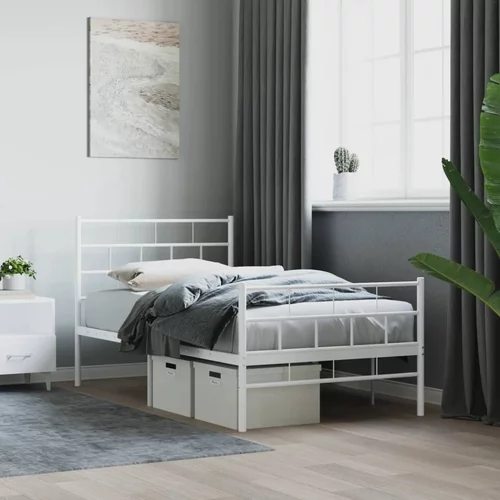 vidaXL Kovinski posteljni okvir z vzglavjem in vznožjem bel 90x190 cm