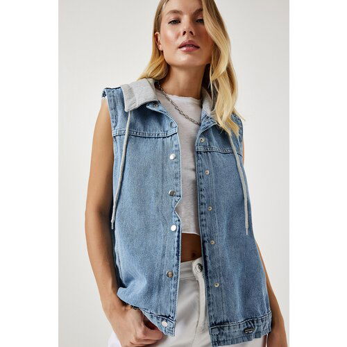 Happiness İstanbul Women's Light Blue Hooded Boyfriend Denim Vest Slike