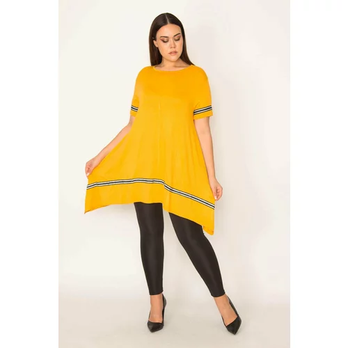 Şans Women's Plus Size Mustard Stripe Detailed Asymmetric Tunic