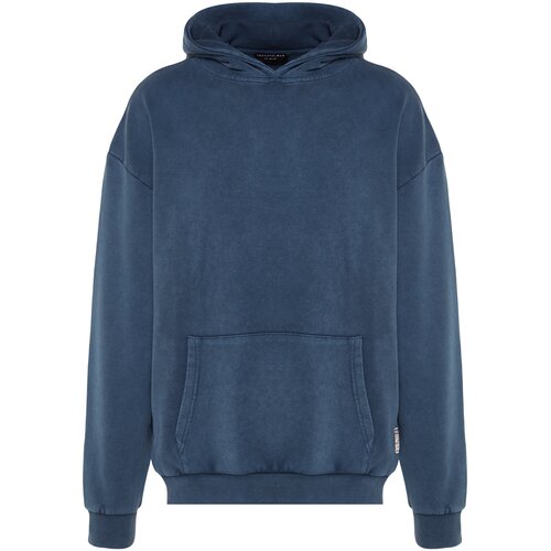 Trendyol Indigo Men's Limited Edition Basic Relaxed Fit Hoodie with Washing Effects 100% Cotton Sweatshirt. Slike