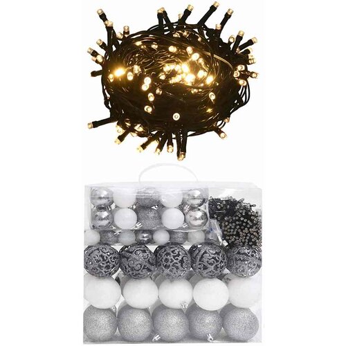  120-dijelni set božićnih kuglica s vrhom 300 LED bijelo-sive Cijene