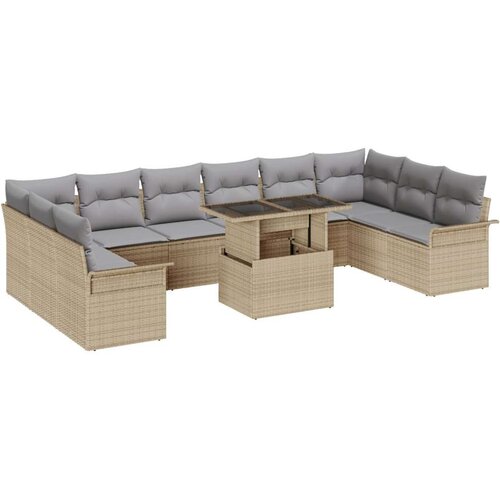  Set od 11 Dijelova Vrtne Sofe s Jastučićima Bež Poli Ratan 2-sjedalna Vrtna Sofa sa Skladištem i Jastučićima Bež Poli Ratan Cene
