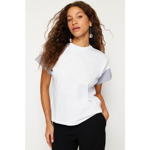 Trendyol White Relaxed Poplin Sleeve Detailed Knitted T-Shirt Slike