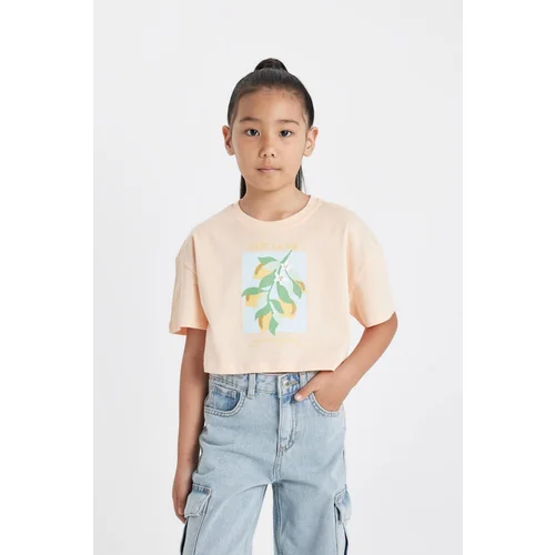 Defacto Girl's Crop Crew Neck Printed Short Sleeve T-Shirt