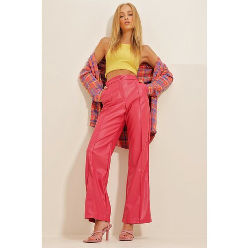 Trend Alaçatı Stili Women's Fuchsia Grass Front Double Pocket Faux Leather Palazzo Trousers Slike