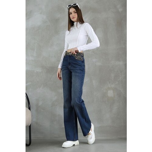 Trendyol Dark Blue Leopard Pocket Detailed High Waist Straight Jeans Cene