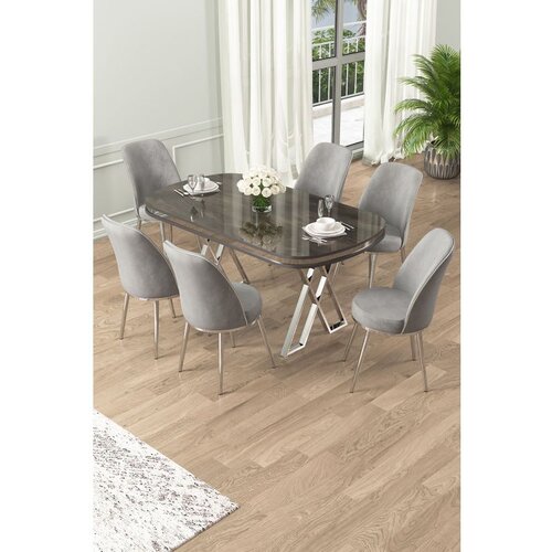 Hanah home Lai - Anthracite, Chrome, Grey AnthraciteChromeGrey Dining Table & Chairs Set (7 Pieces) Cene
