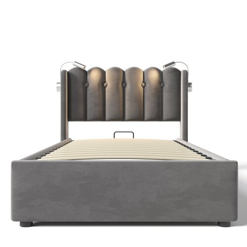 Lumor Postelja s predalom oblazinjena z LED za polnjenje USB - 90x200 cm - tkanina iz žameta - z letvenim dnom, (22155520) Cene