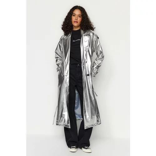 Trendyol Silver Belted Shiny Trench Coat