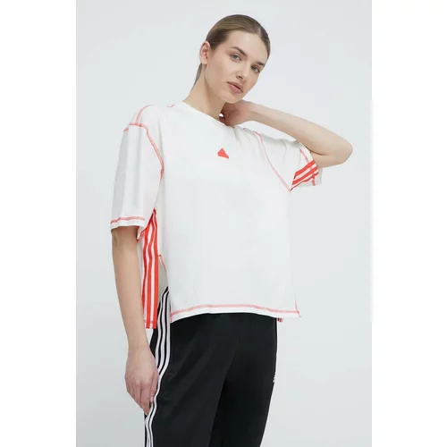 Adidas Bombažna kratka majica ženska, bež barva, IS0874