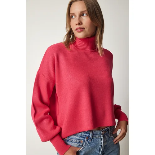  Women's Dark Pink Turtleneck Casual Knitwear Sweater