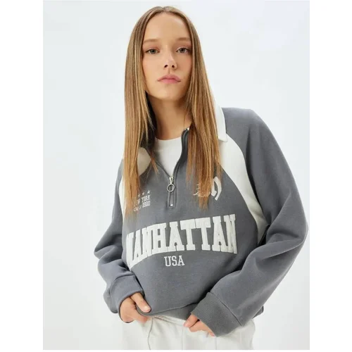 Koton Half Zipper Sweatshirt College Embroidered Stand Collar Raised