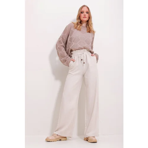 Trend Alaçatı Stili Women's Light Beige Double Pocket Laced Palazzo Linen Trousers