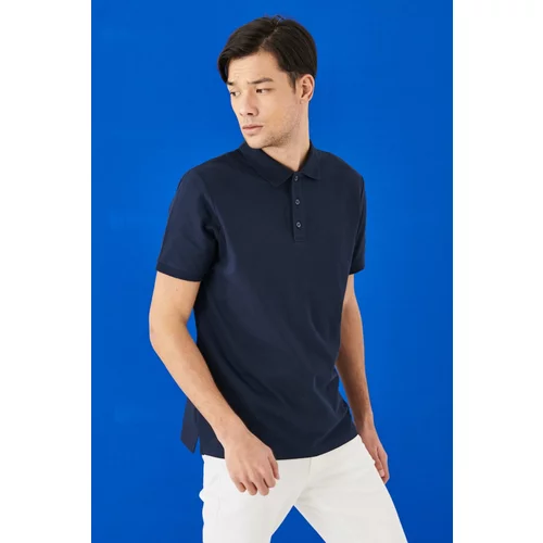 ALTINYILDIZ CLASSICS Men's Navy Blue 100% Cotton Roll-Up Collar Slim Fit Slim Fit Polo Neck Short Sleeved T-Shirt.