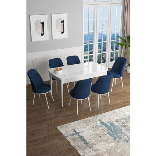 Hanah home Han - White, Navy Blue WhiteNavy Blue Extendable Dining Table & Chairs Set (7 Pieces) Cene