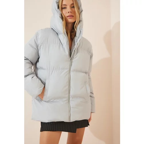 Happiness İstanbul Women's Gray Hooded Oversized Puffer Coat