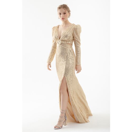 Lafaba Women's Gold V-Neck Decollete Waist Sequined Long Evening Dress Cene