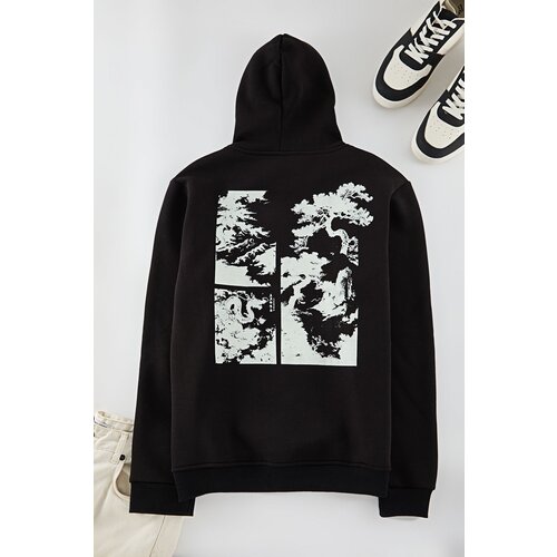 Trendyol Black Regular Cut Hooded Printed Sweatshirt with Polar Fleece Inside Slike