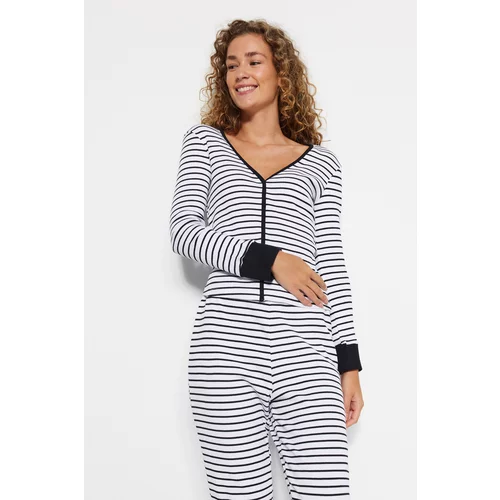 Trendyol Black and White Striped Cuff and Pile Detailed Tshirt- Jogger Knitted Pajamas Set