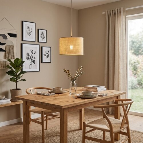  Luster na sajli AIDA 1xE27/15W/230V pr. 35 cm hrast/rafija Slike