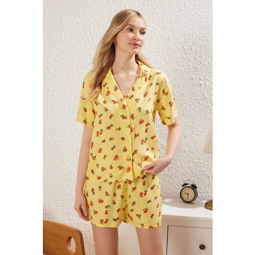 Trendyol Yellow Floral Slit Viscose Shorts Woven Pajama Set Cene