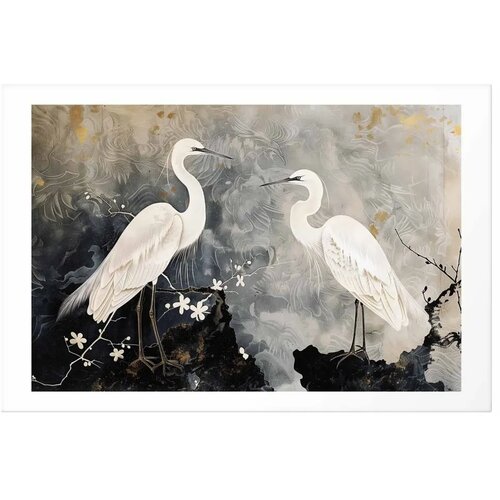  Plakat - Herons and Cherry Blossom - oriental-style illustration depicting birds 90x60 Bez okvira s margom Slike