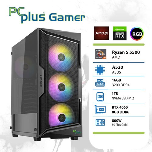 PCPLUS Gamer Ryzen 5 5500 16GB 1TB NVMe SSD GeForce RTX 4060 8GB RGB gaming namizni računalnik Cene