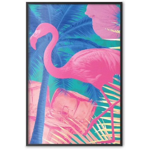  Plakat - Pink Flamingo - abstract flamingo against a background of palm trees and ice cubes 60x90 Crni okvir Slike