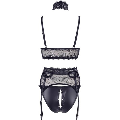 Cottelli Bondage - Komplet perila s čipko in sijajem ter okovi za roke (črn) - XL Slike