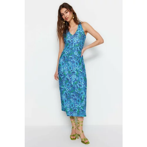 Trendyol Blue Back Detailed Floral Printed Ribbed Fitted Midi Knitted Dress