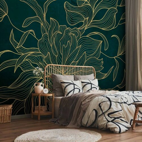  Foto tapeta - Green boudoir - linear drawing of a flower in golden colours on a dark background 196x140 Slike