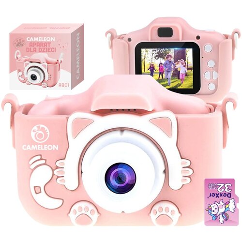  Otroški LCD 40MPix digitalni fotoaparat mucka 600mAh USB roza +  32GB SD kartica Cene