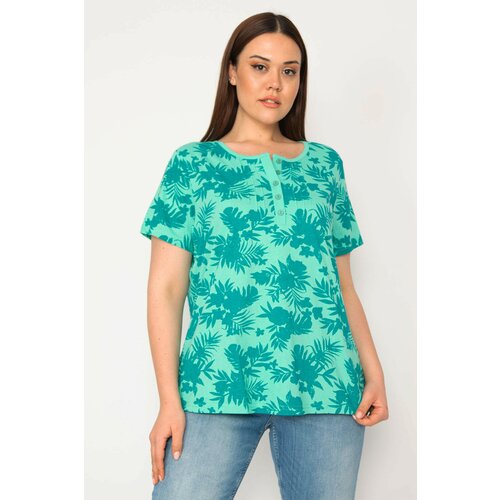 Şans Women's Plus Size Green Cotton Fabric Ribbed Stitched Paw Button Blouse Slike