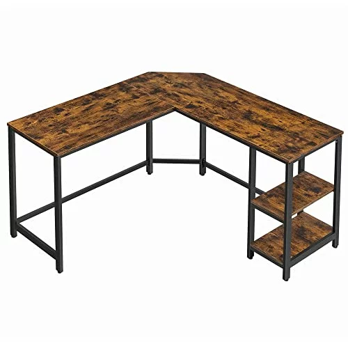 Songmics Računalniška miza, kotna miza v obliki črke L, delovna postaja s policami za domačo pisarno, prihrani prostor, enostavna za sestavo, industrijska, rustikalno rjava in črna LWD72X, (21158018)