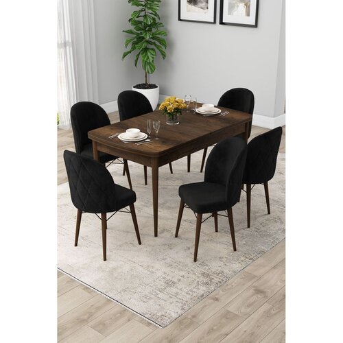 Hanah home trpezarijski set Rut, sto na razvlačenje i 6 stolica, ploča u dekoru drveta Baroque, crna tkanina Babyface Cene