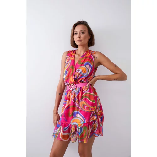 Fasardi Light, patterned dress with a belt, pink and dark blue