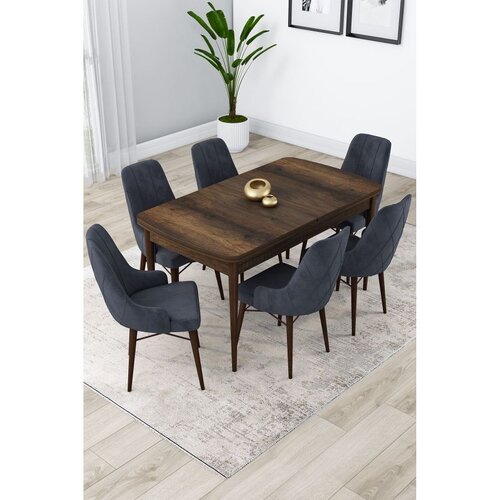 Hanah home trpezarijski set Lia, sto na razvlačenje i 6 stolica, ploča u dekoru drveta Baroque, antracit tkanina Babyface Cene