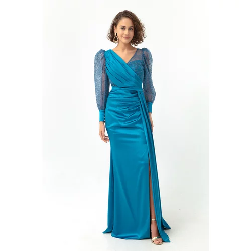 Lafaba Women's Turquoise Double Breasted Collar Silvery Long Satin Evening Dress.