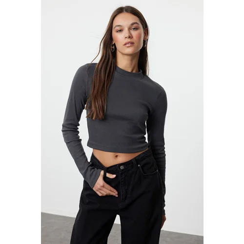 Trendyol Anthracite Washed Fitted Crop High Collar Ribbed Stretchy Knitted Blouse