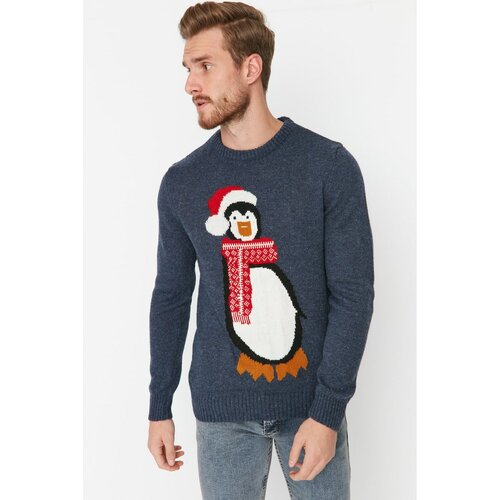 Trendyol Indigo Men Regular Fit Crew Neck Penguin Christmas Knitwear Sweater Cene