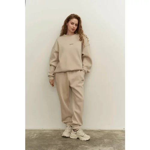 Laluvia Beige Embossed Text Printed Crew Neck Tracksuit Set