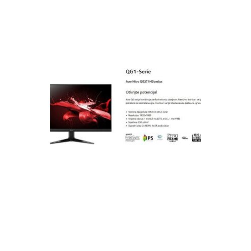 Acer 27&amp;Prime; Nitro QG1 FHD 180HzFHD,IPS,250cd,1ms,HDMIx2,DP,SPK+Audio out,Tilt -5 20,VESA 100&amp;times;100,Crna Slike