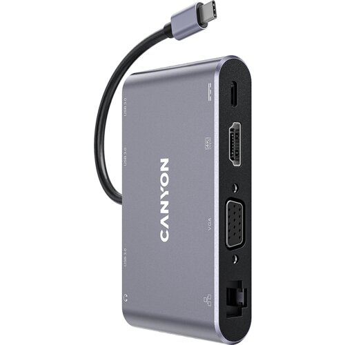 Canyon 8 in 1 USB C hub, with 1*HDMI: 4K*30Hz, 1*VGA, 1*Type-C PD charging port, Max 100W PD input. 3*USB3.0,transfer speed up to 5Gbps. 1*Glgabit Ethernet, 1*3.5mm audio jack, cable 15cm, Aluminum alloy housing,95*55*17.6 mm, 107g, Dark grey Cijene